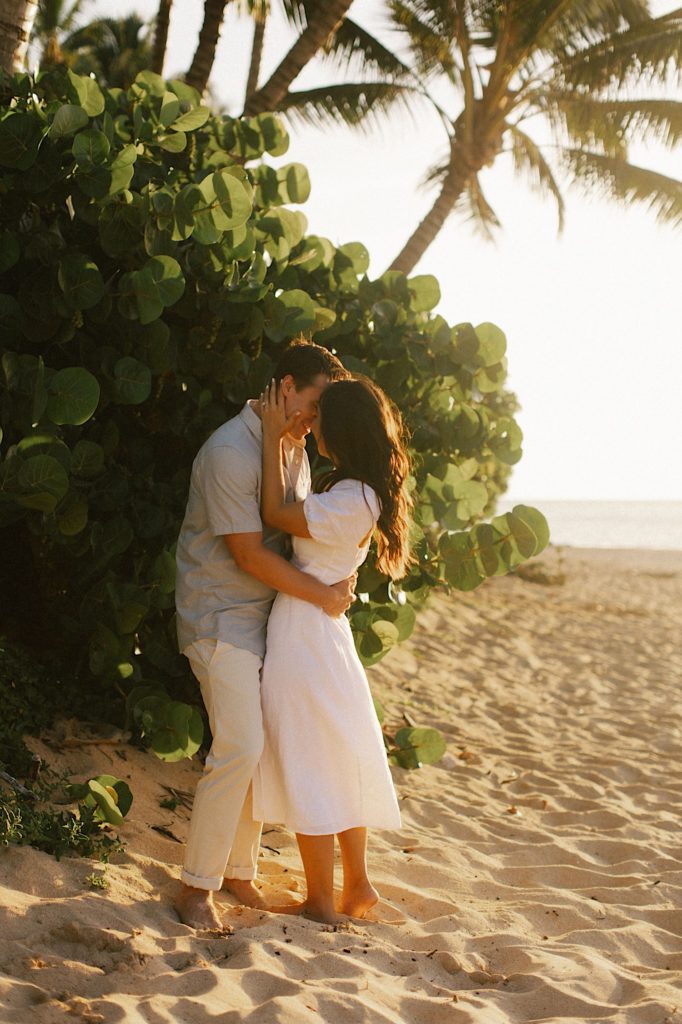 A couple kisses while holding one another standing in front of a large green bush on a beach on Oahu.