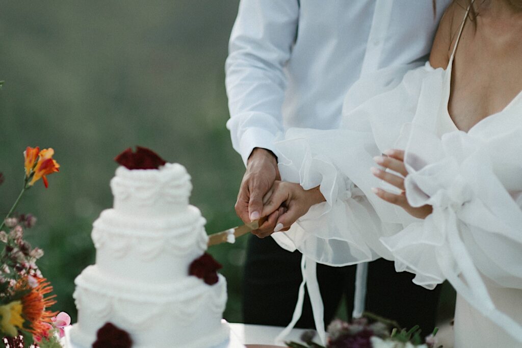 Closeup of a bride and groom cutting their wedding cake together.
