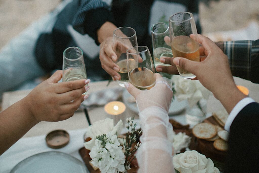 Close up photo of a bride, groom, and their guests all toasting champagne glasses together while at a picnic on Makapuu Beach