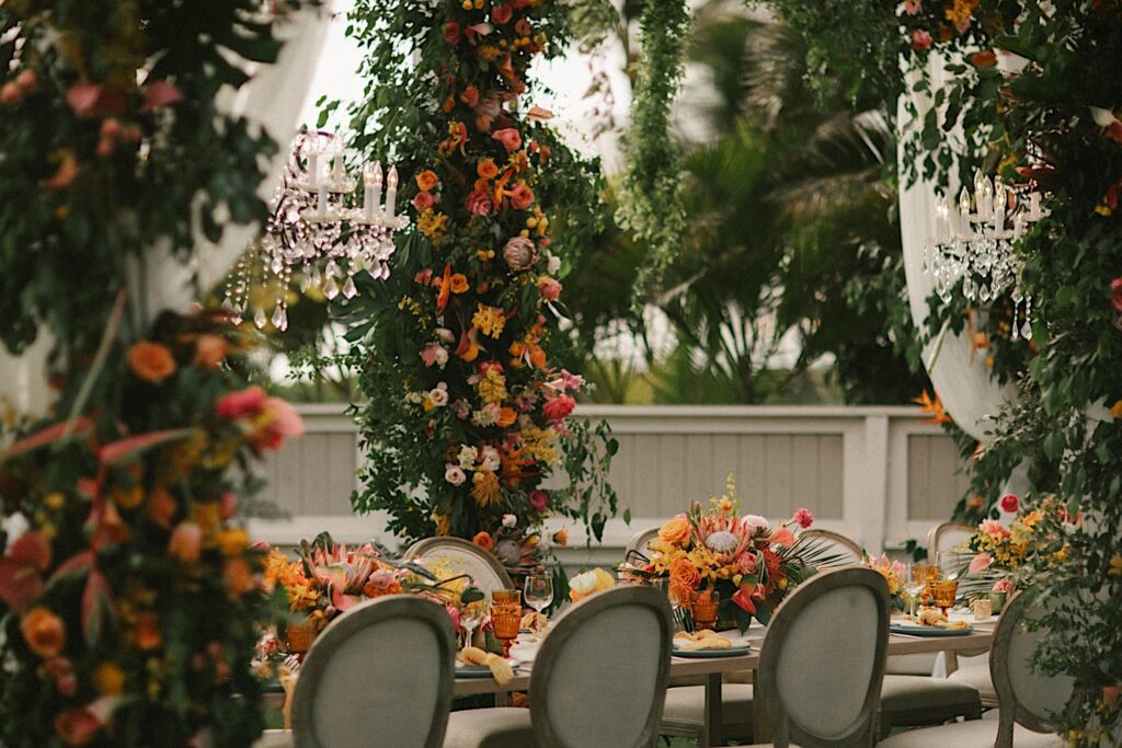 Florals and a table set up for a wedding at Sugar Beach Events