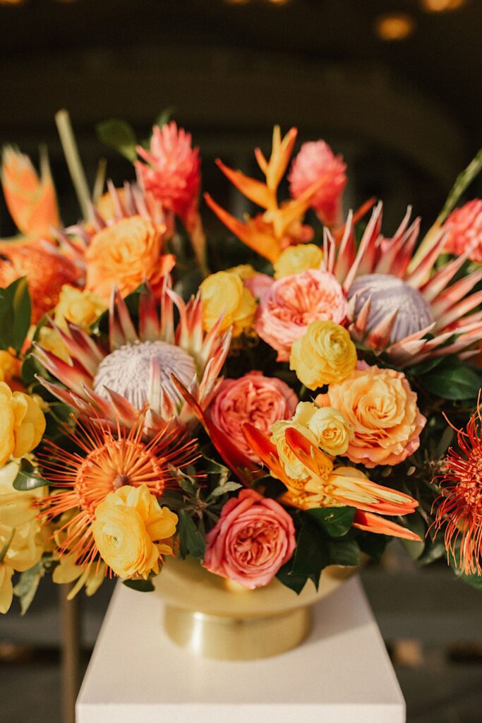 A closeup of colorful wedding florals.