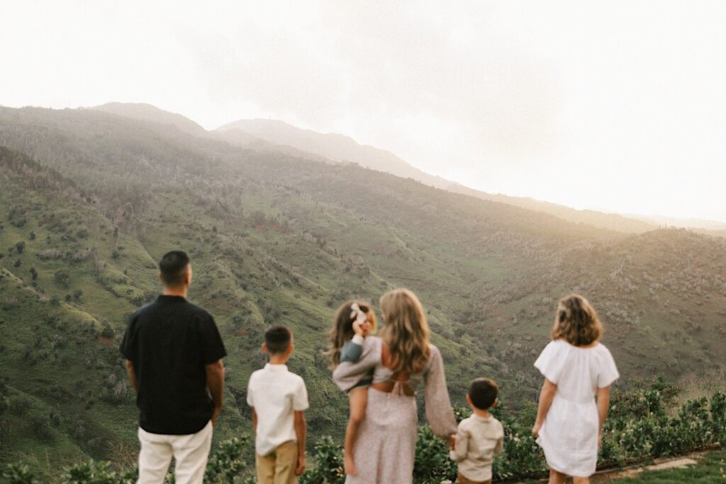 A family of 6 are standing with their backs to the camera out of focus looking out over the mountains of Oahu during their family session