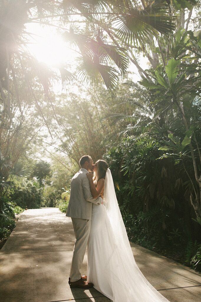 A bride and groom kiss on a sidewalk surrounded by palm trees as the sun shines through the trees above them