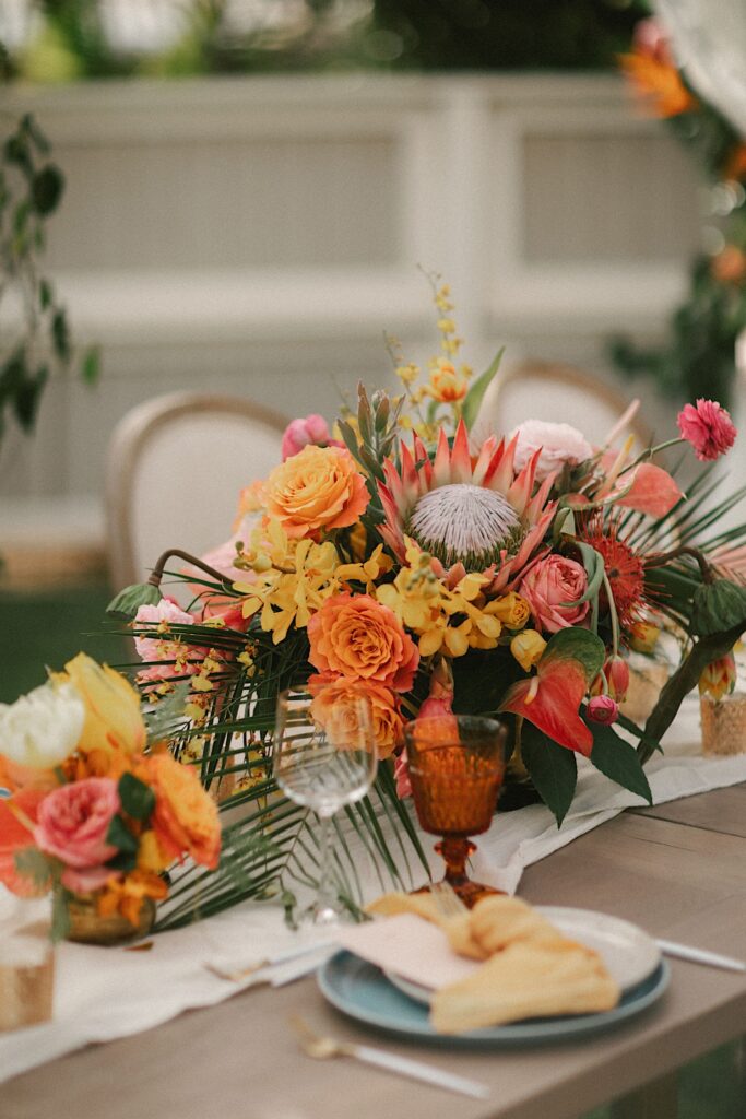 Detail photo of flowers on a table decorated for a wedding reception