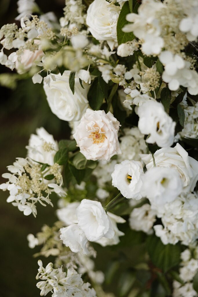 Close up photo of white flowers as part of a large floral display for a wedding