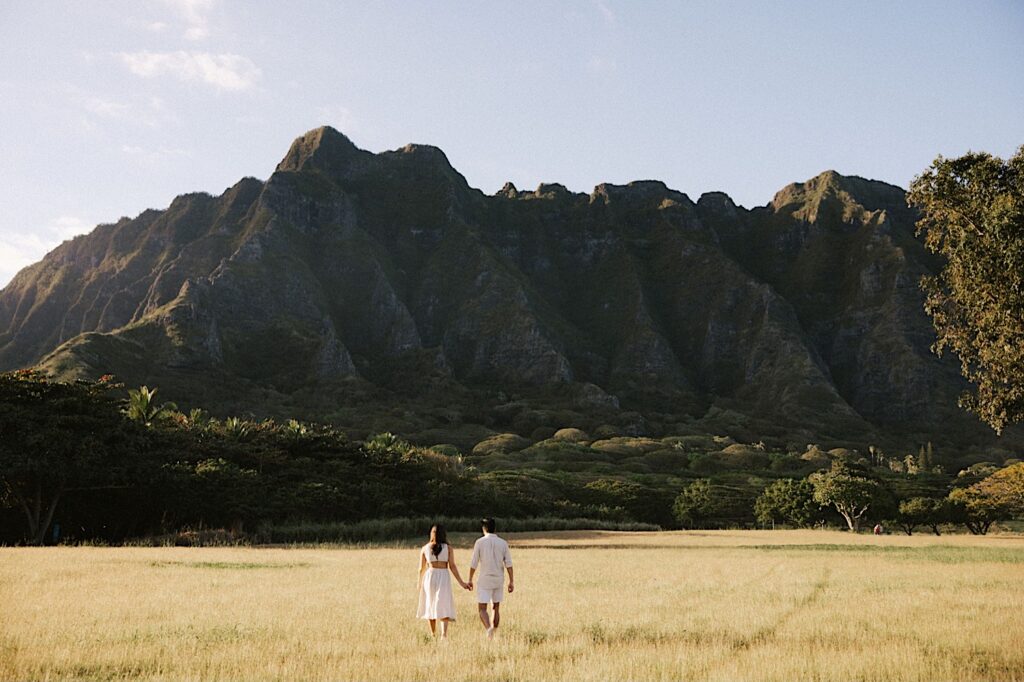 A man and woman walk hand in hand in a field towards a mountainside in Oahu after their proposal