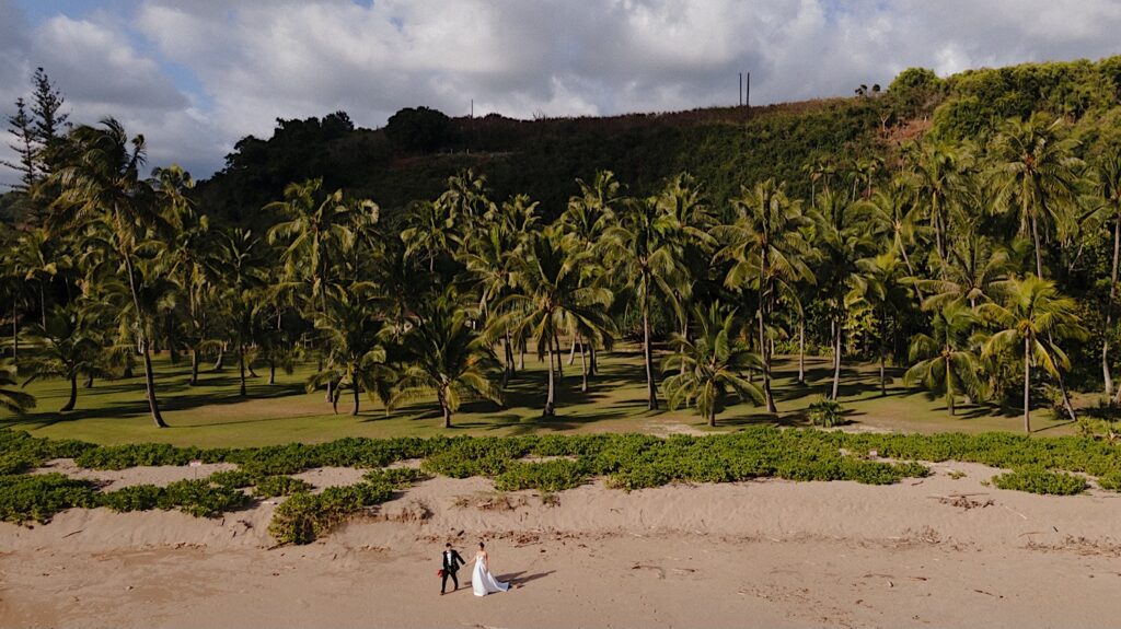 Aerial photo of a bride and groom walking along a beach in Hawaii on the day of their elopement, behind them are palm trees and a hill
