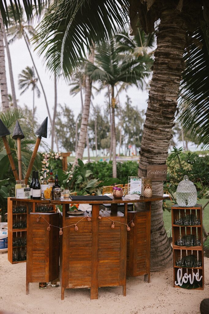 A bar set up for a wedding reception at Male'ana Gardens on Oahu