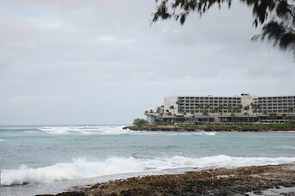 A scenic shot of Turtle Bay wedding venue overlooking the ocean in Oahu Hawaii.